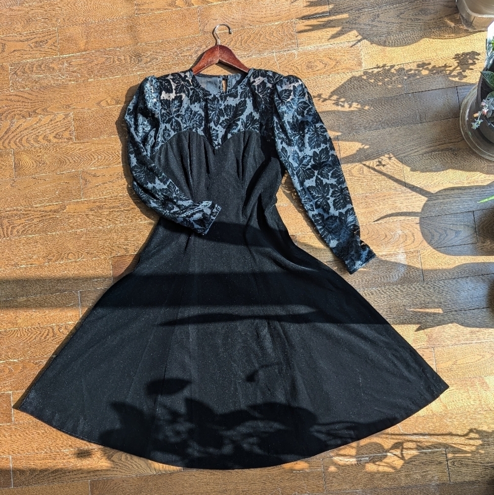 Vintage Piaf Velvet Burnout Midi Dress Sweetheart 80s Cocktail Black witchy goth - Picture 3 of 16